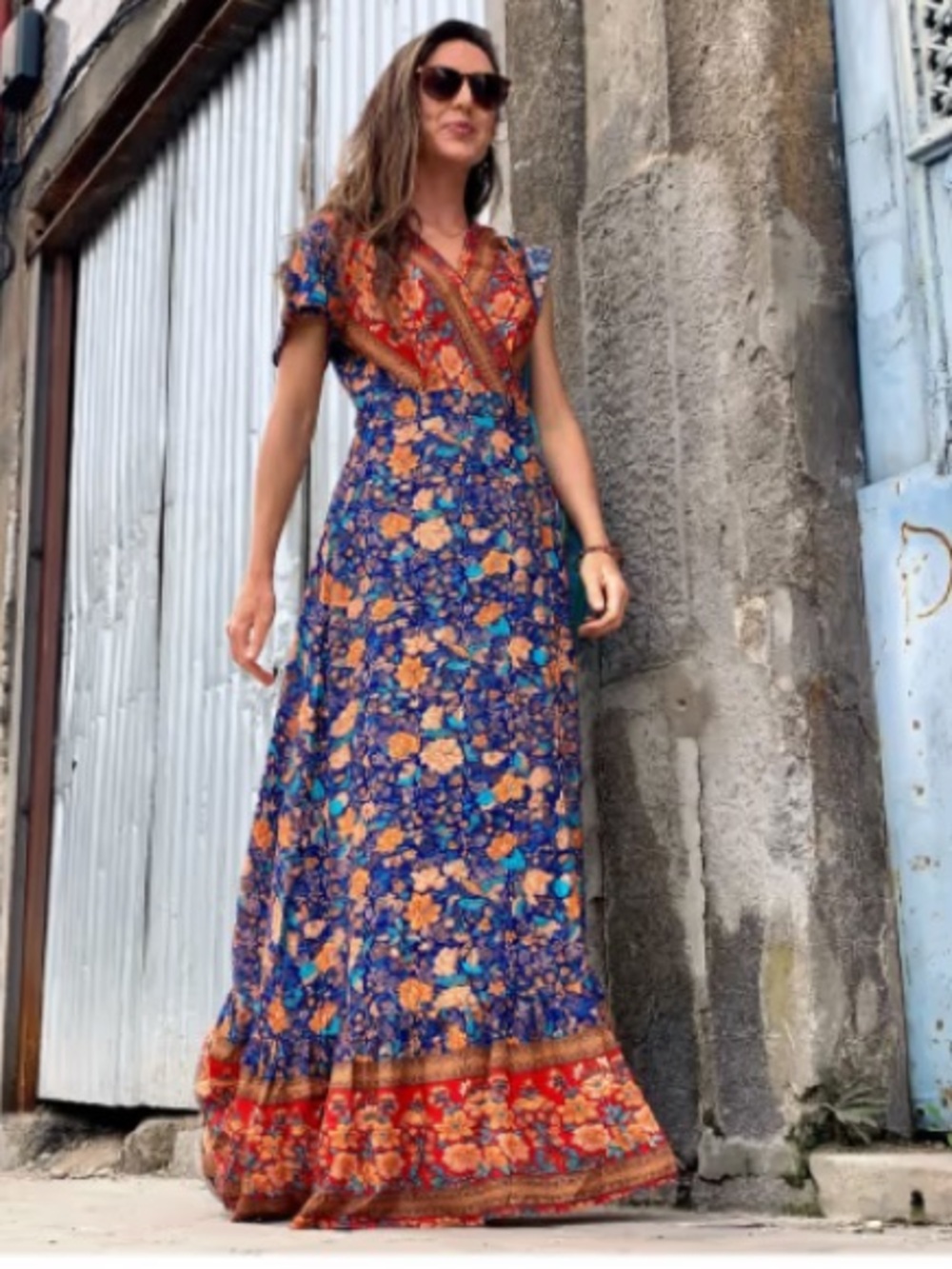 Zesica Bohemian Floral Wrap Maxi Dress - Navy Rust Blue Gold Red S/XS